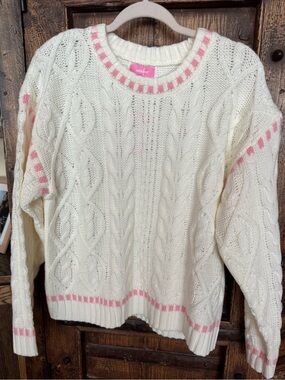 Edikted Cream Cable Knit Sweater with Pink Trim